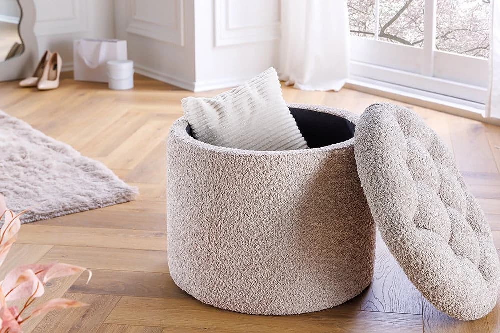 Bouclé Sitzhocker MODERN BAROCK - Zylinderförmig mit Stauraum