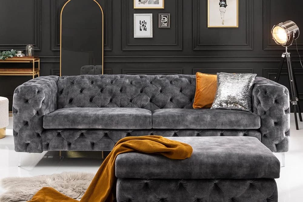 riess-ambiente 3-Sitzer Sofa Modern Barock Grau Samt Chesterfield - Bild 5