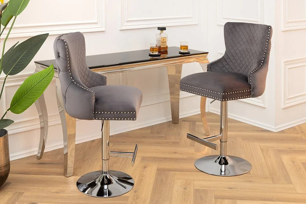 riess-ambiente Barhocker CASTLE DELUXE grau/silber Samt mit Löwenkopf