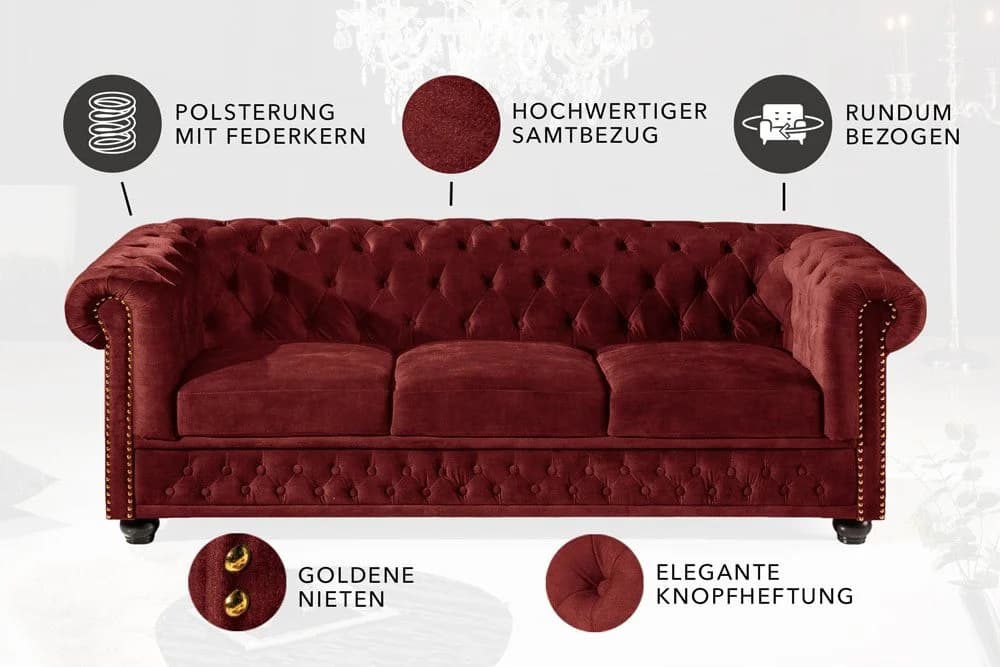 riess-ambiente Sofa CHESTERFIELD Rot Samt 3-Sitzer mit Goldnieten - Bild 5