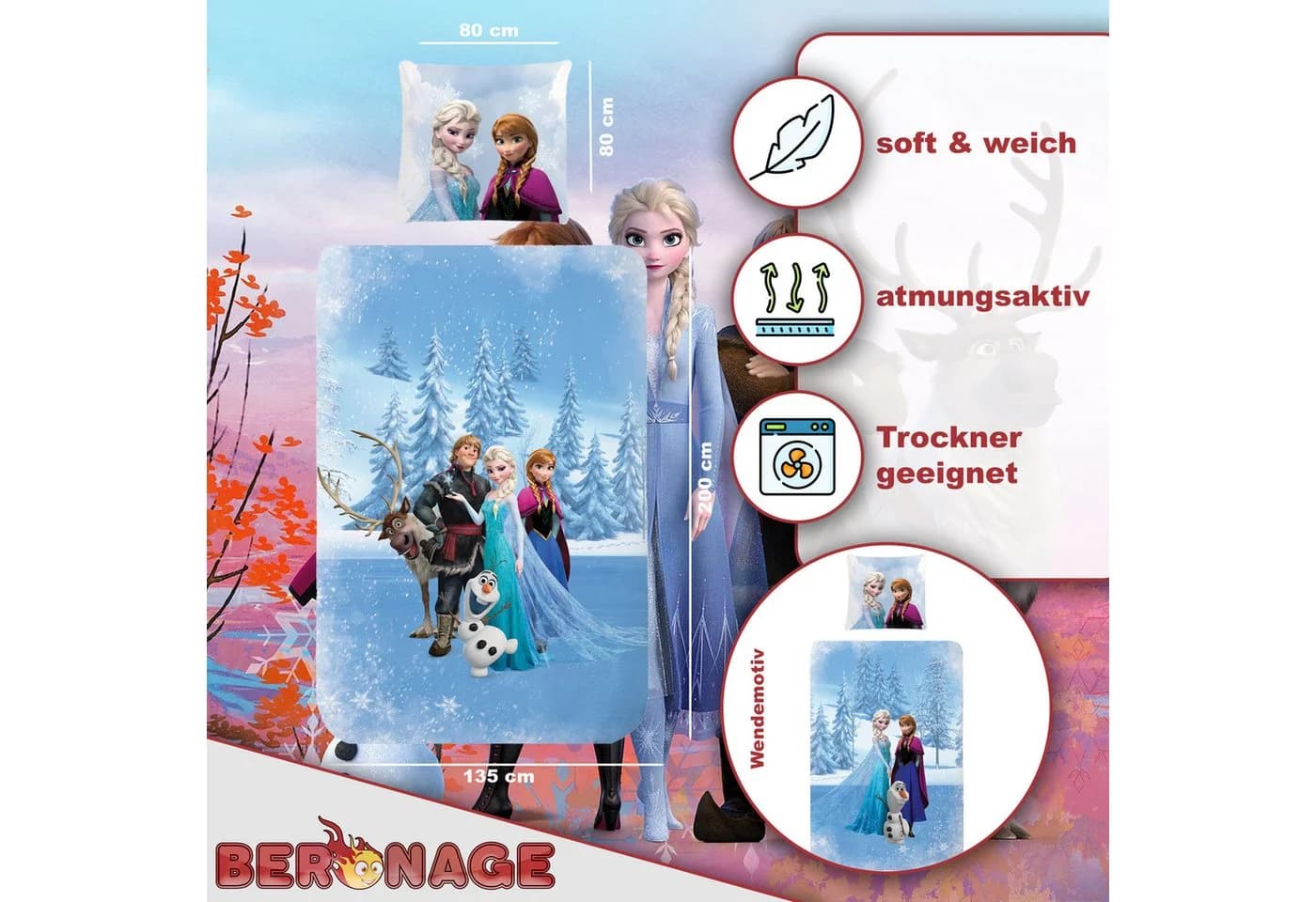 BERONAGE Kinderbettwäsche Frozen Die Eiskönigin 100% Baumwolle Blau