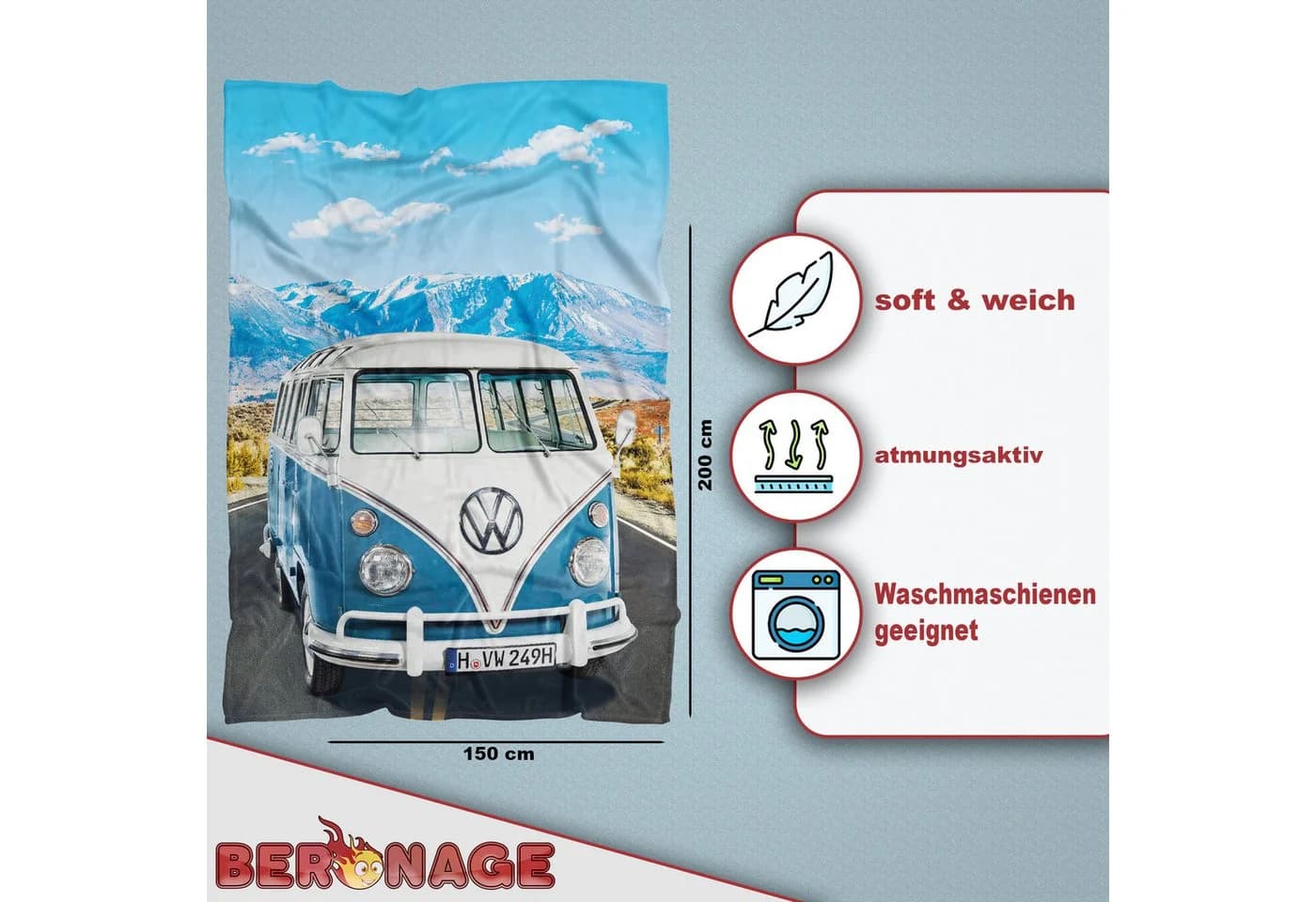 BERONAGE Tagesdecke VW Bulli T1 Adventure Blau Kuscheldecke