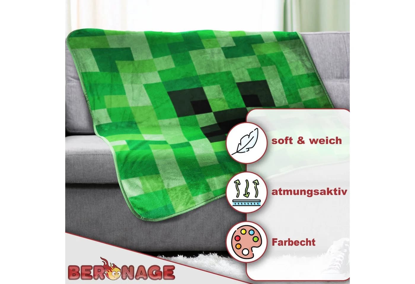 Minecraft Wohndecke Creeper 150x200 cm Kuscheldecke, BERONAGE - Bild 3