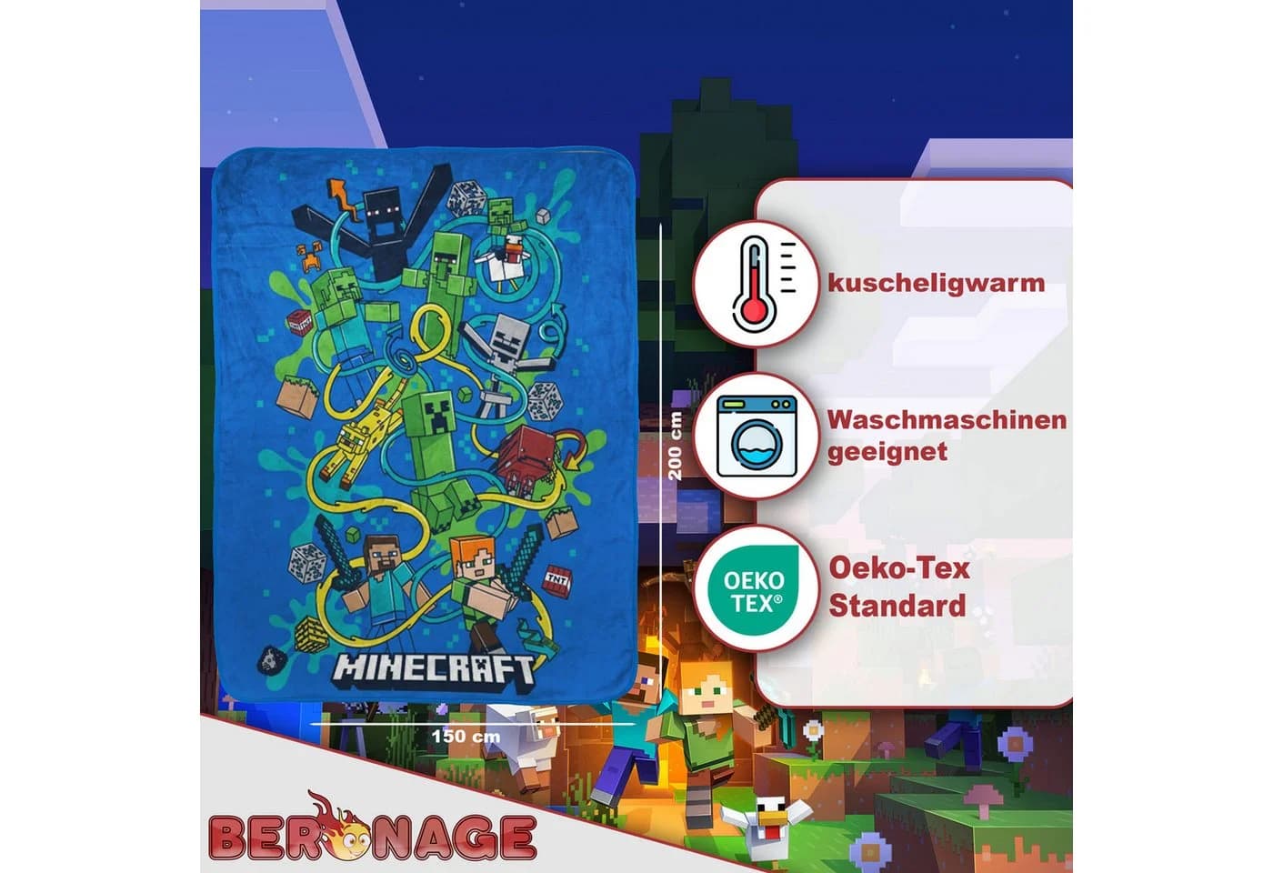 Minecraft Wohndecke Slurp 150x200 cm Kuscheldecke BERONAGE