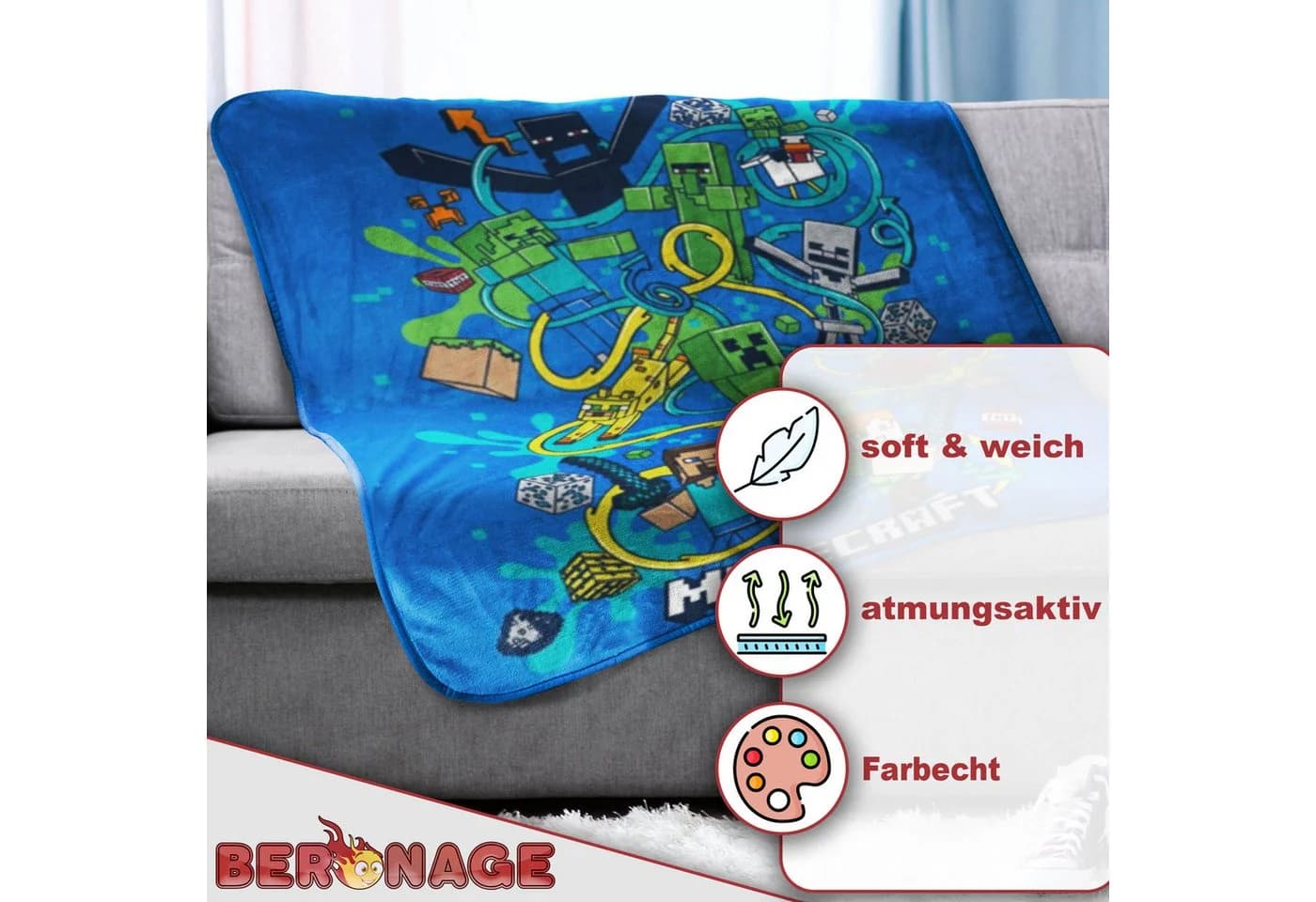 Minecraft Wohndecke Slurp 150x200 cm Kuscheldecke BERONAGE - Bild 3