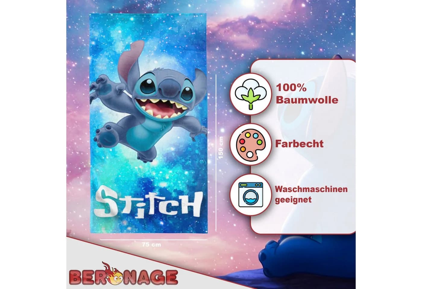 BERONAGE Strandtuch Lilo & Stitch Badetuch Out of The World 75x150 cm