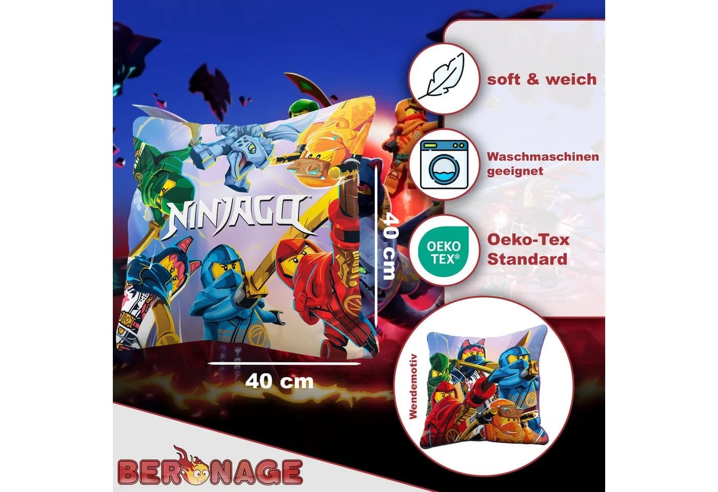 BERONAGE Dekokissen LEGO Ninjago Dragons Rising 40x40 cm