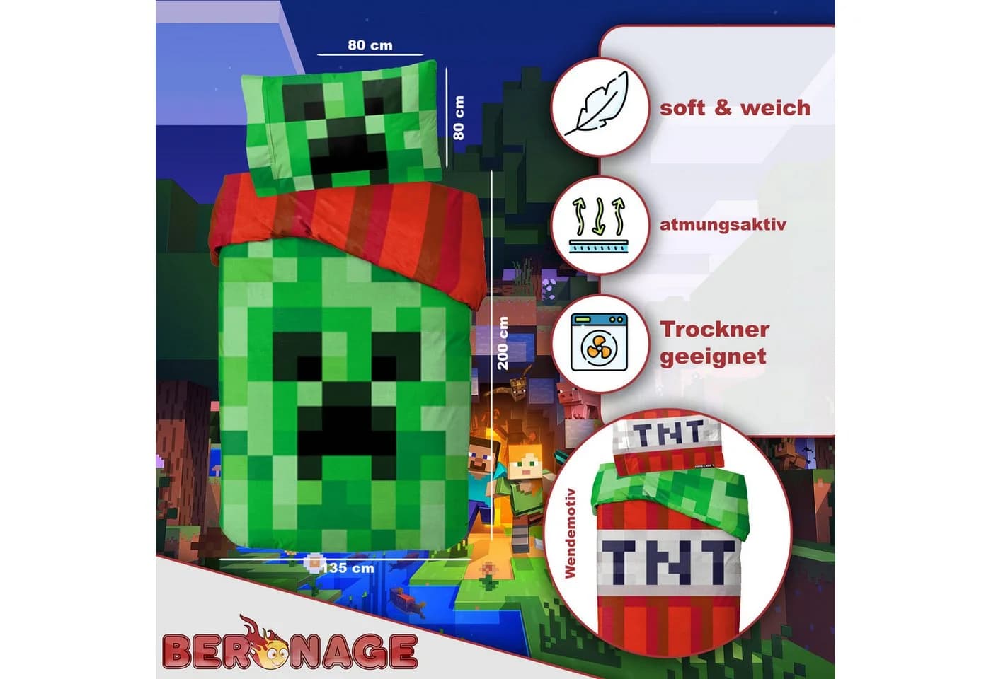 BERONAGE Minecraft Kinderbettwäsche 100% Baumwolle Renforcé