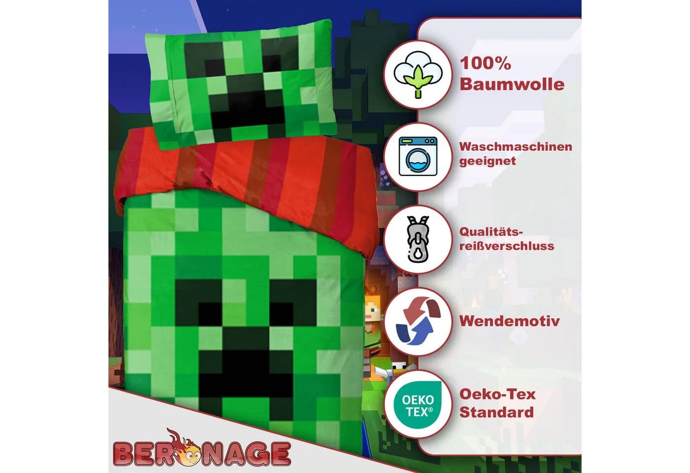 BERONAGE Minecraft Kinderbettwäsche 100% Baumwolle Renforcé - Bild 3