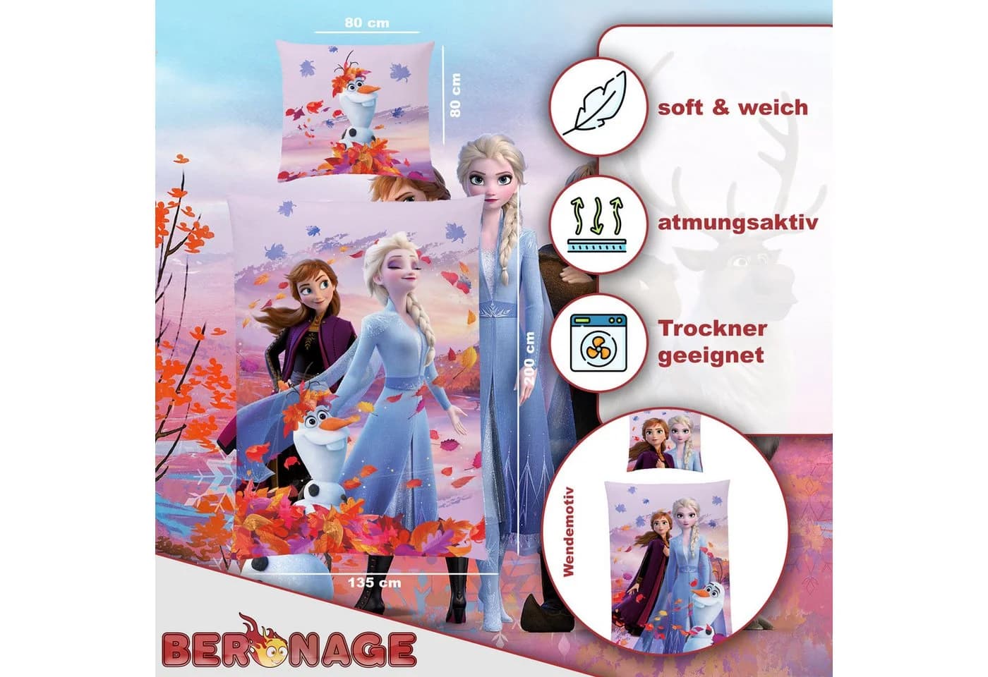 BERONAGE Kinderbettwäsche Frozen Die Eiskönigin 100% Baumwolle