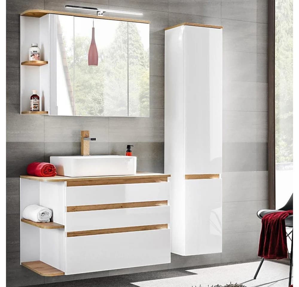 Lomadox Badmöbel-Set CAMPOS-56 Hochglanz Weiß mit Wotaneiche - Bild 2