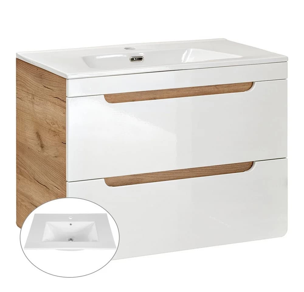 Lomadox Badmöbel-Set LUTON-56 Weiß Hochglanz mit LED