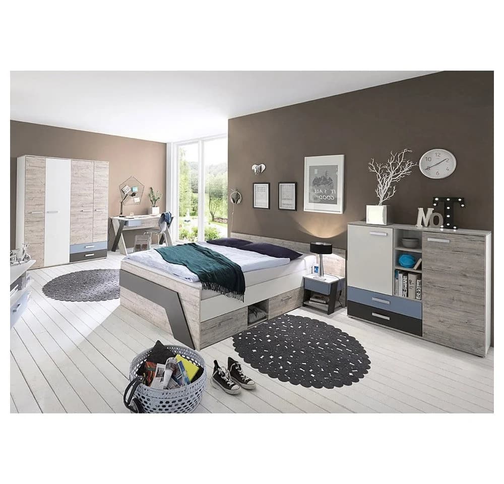 Lomadox Jugendzimmer-Set LEEDS-10 5-tlg. Sandeiche/Blau/Weiß