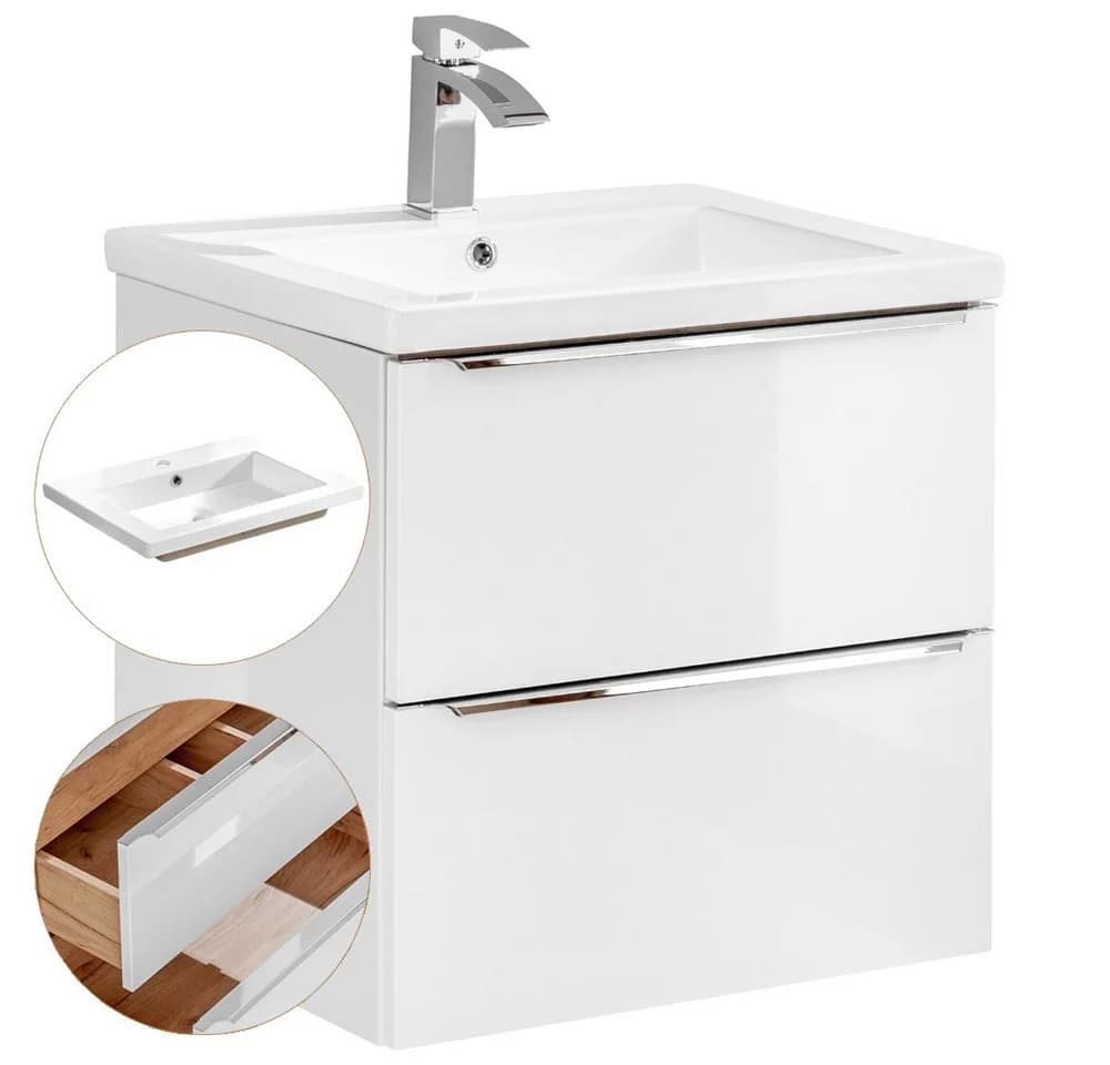 Lomadox Waschtisch TOSKANA-56 mit Keramik-Waschbecken Weiß Hochglanz - Bild 2