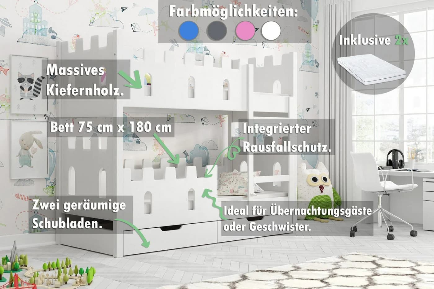 thematys Hochbett Schlossdesign mit Schubladen und Rausfallschutz