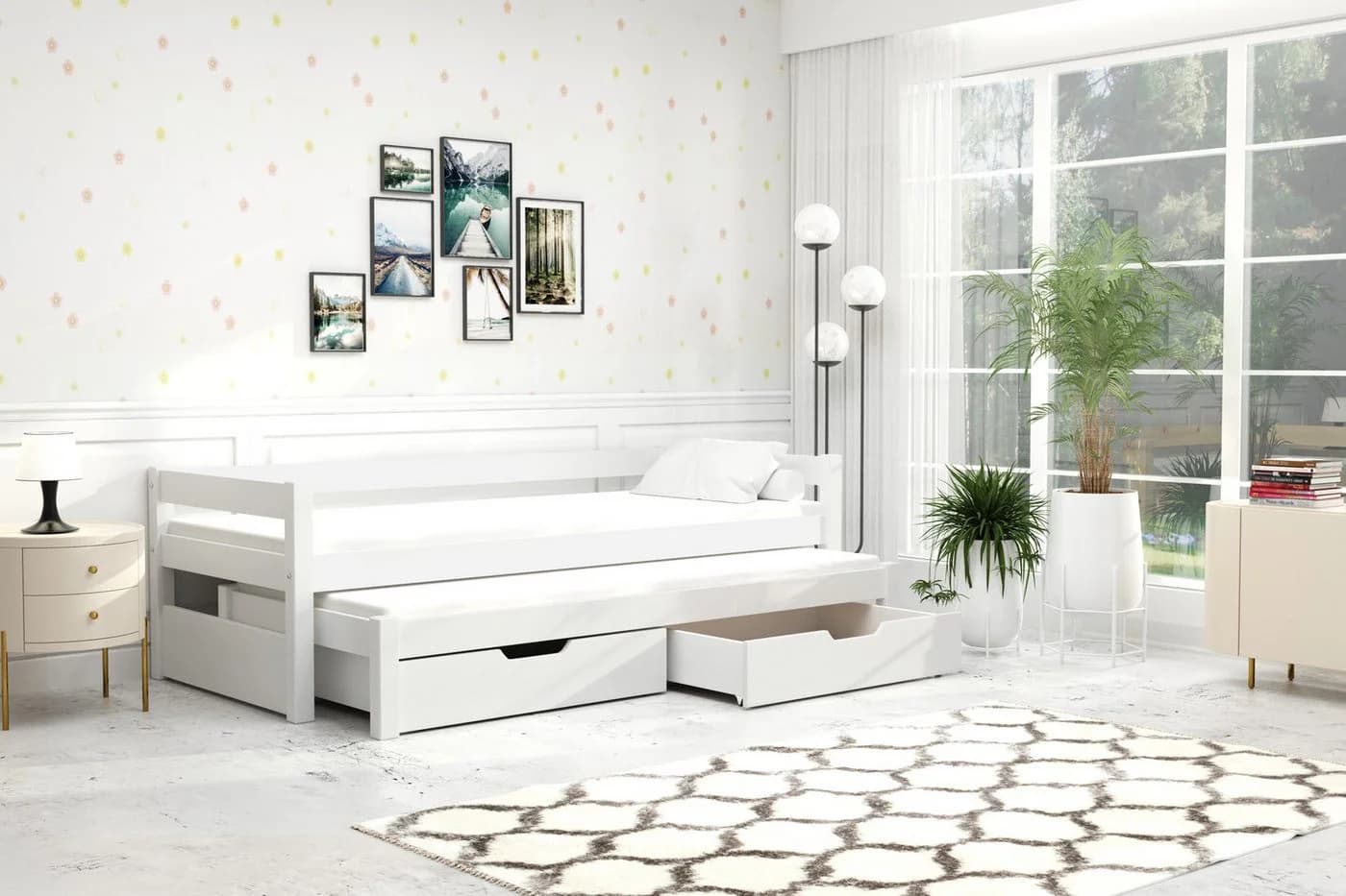 thematys Kinderbett mit Ausziehbett und 2 Schubladen Weiß