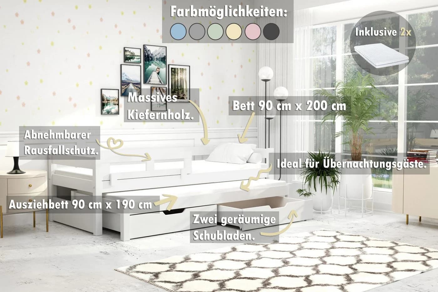 thematys Kinderbett mit Ausziehbett und 2 Schubladen Weiß - Bild 3