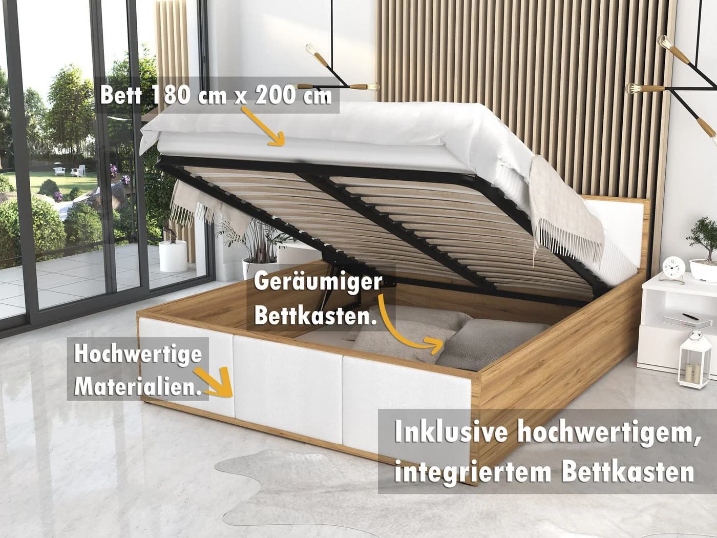 thematys Stauraumbett mit Bettkasten & Lattenrost – Polsterbett Weiß/Eiche Braun