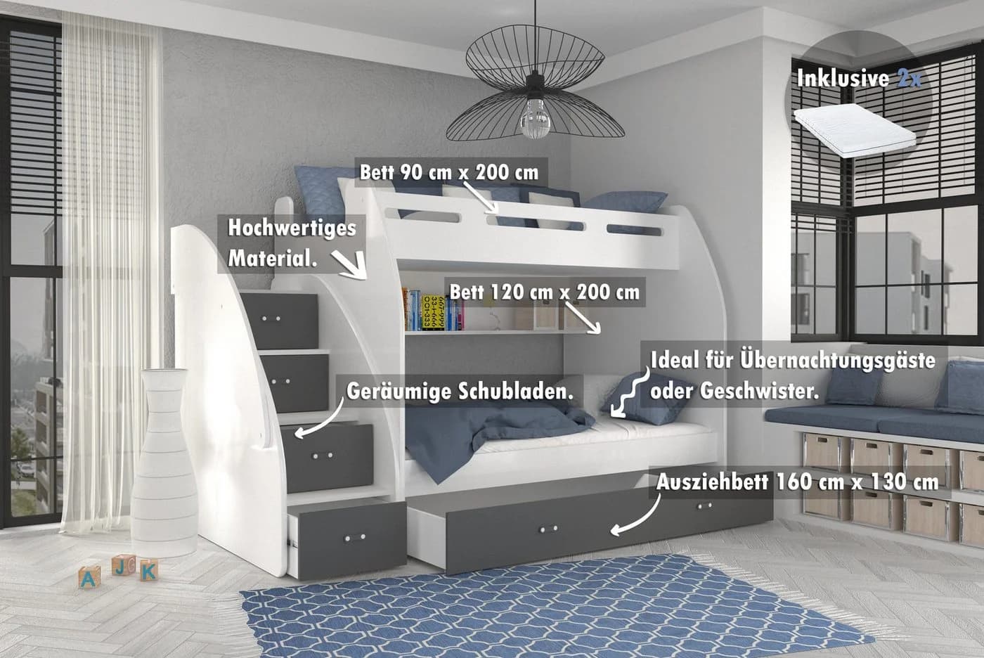 thematys Etagenbett mit Ausziehbett und Treppe Grau