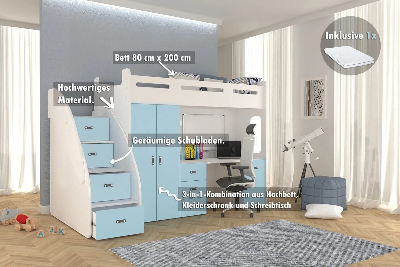 thematys Etagenbett 80x200cm mit Treppe, Schrank und Schreibtisch Hochglanz Blau