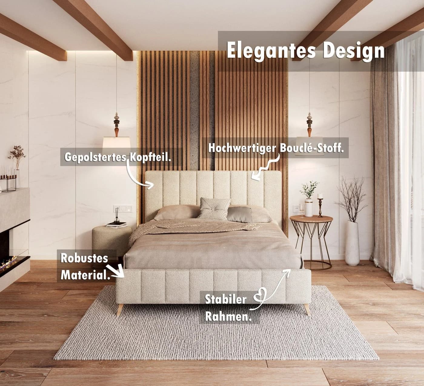 thematys Polsterbett Bouclé Bezug Großes Kopfteil Modern
