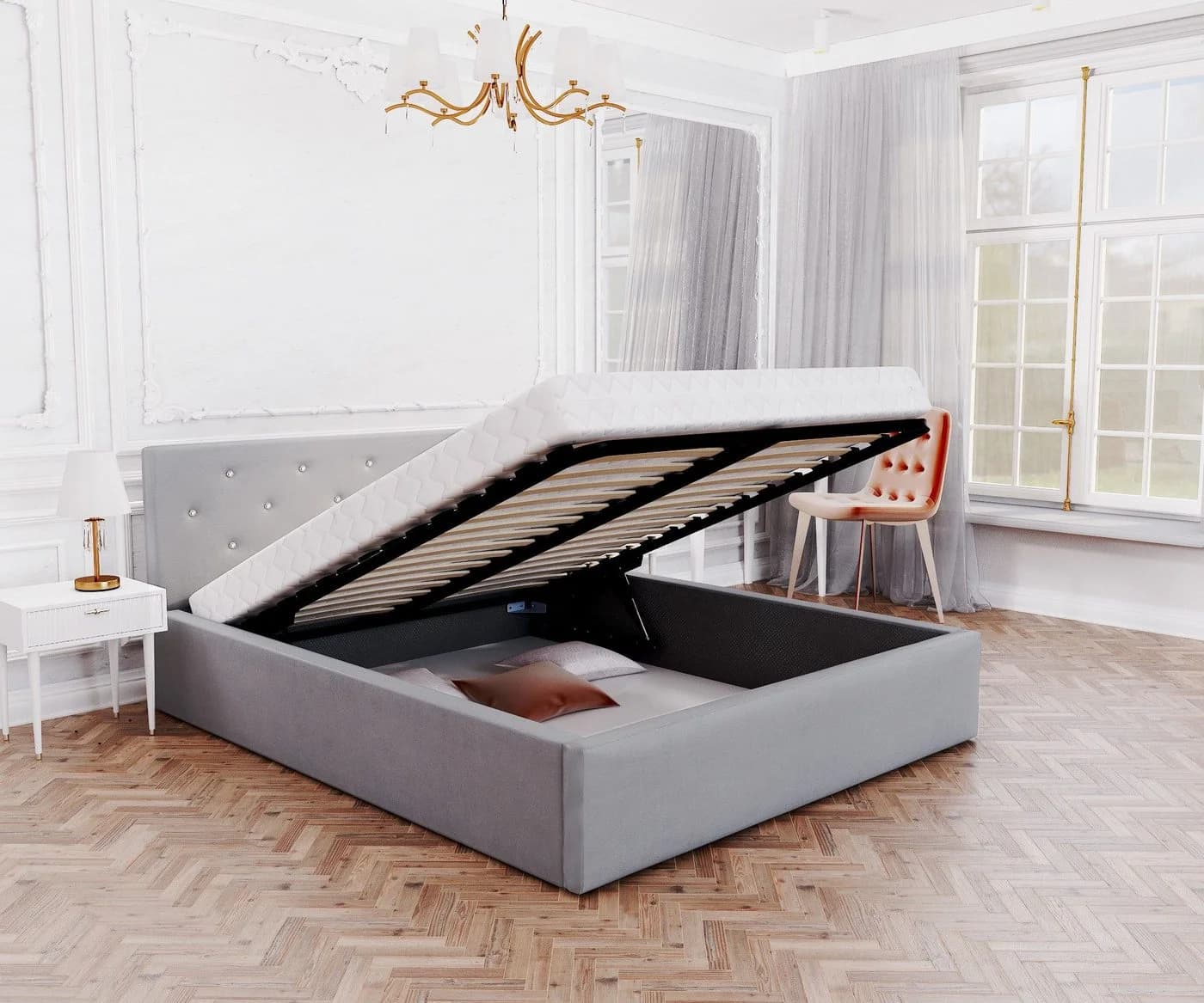 thematys Polsterbett Stauraumbett Velours Creme