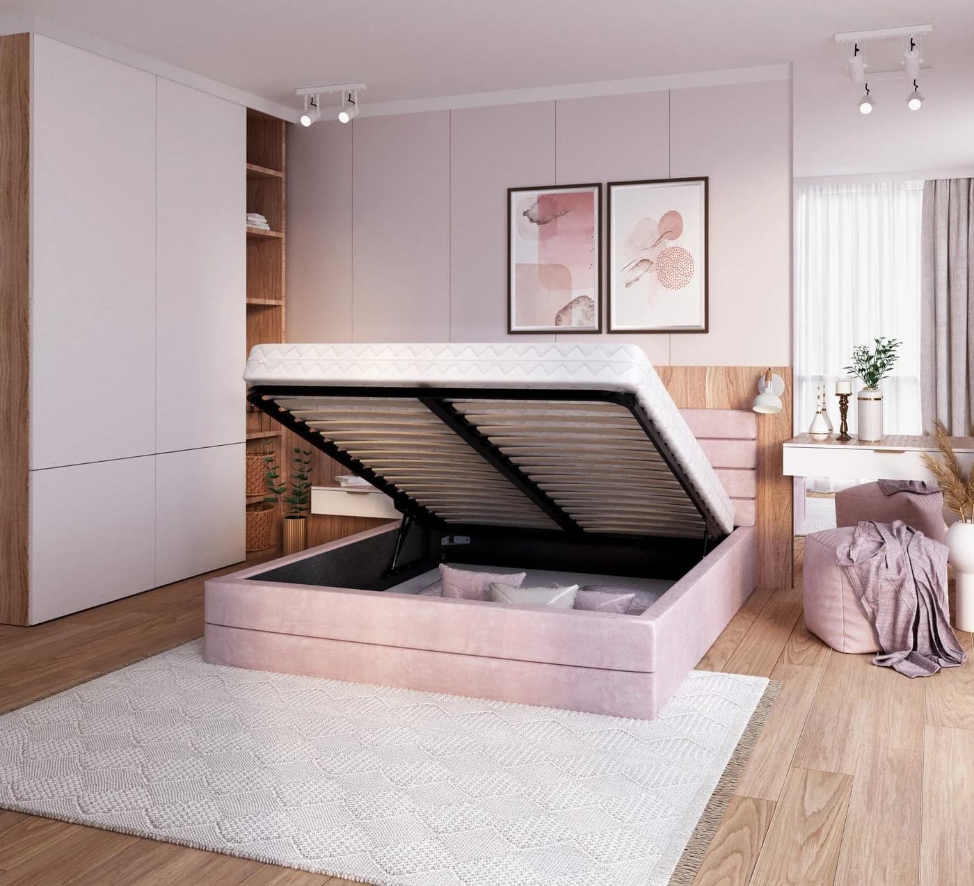 thematys Polsterbett Stauraumbett Velours Rosa mit Bettkasten