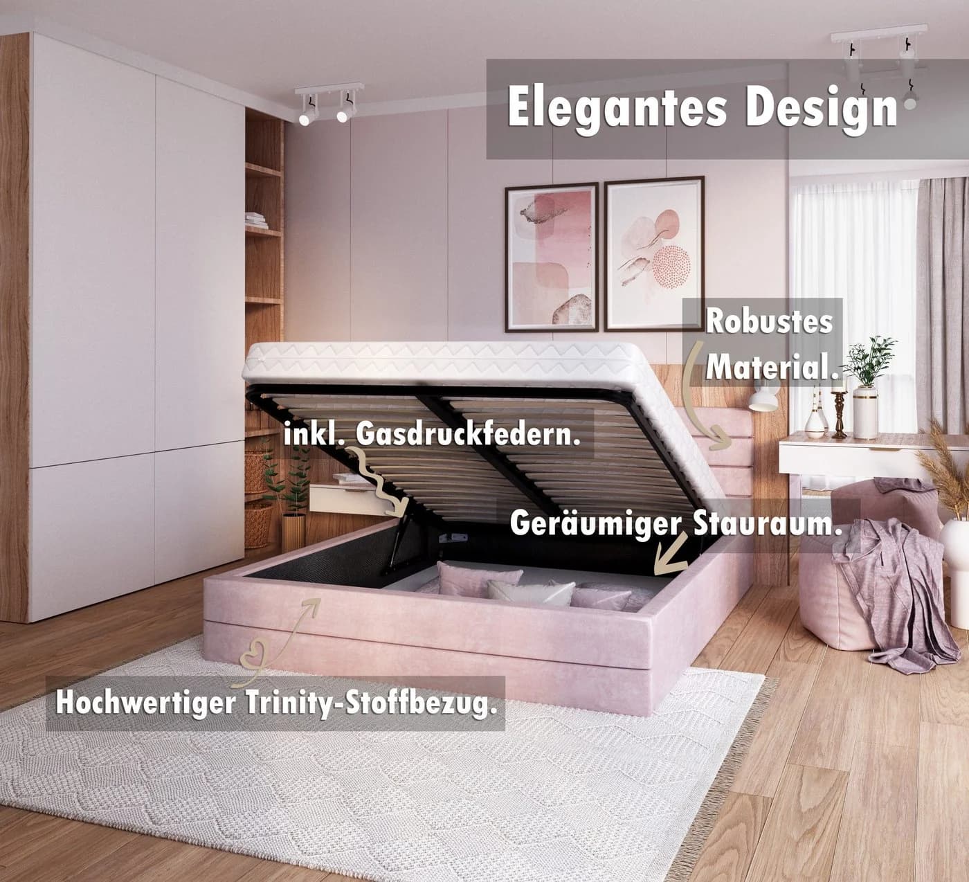 thematys Polsterbett Stauraumbett Velours Rosa mit Bettkasten - Bild 3