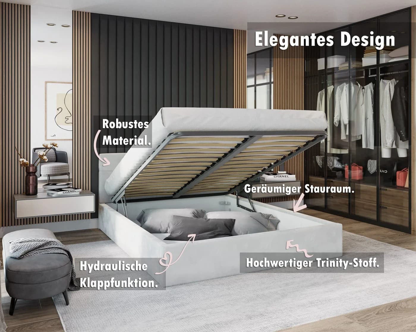 thematys Polsterbett Stauraumbett Velours Beige mit Bettkasten - Bild 3