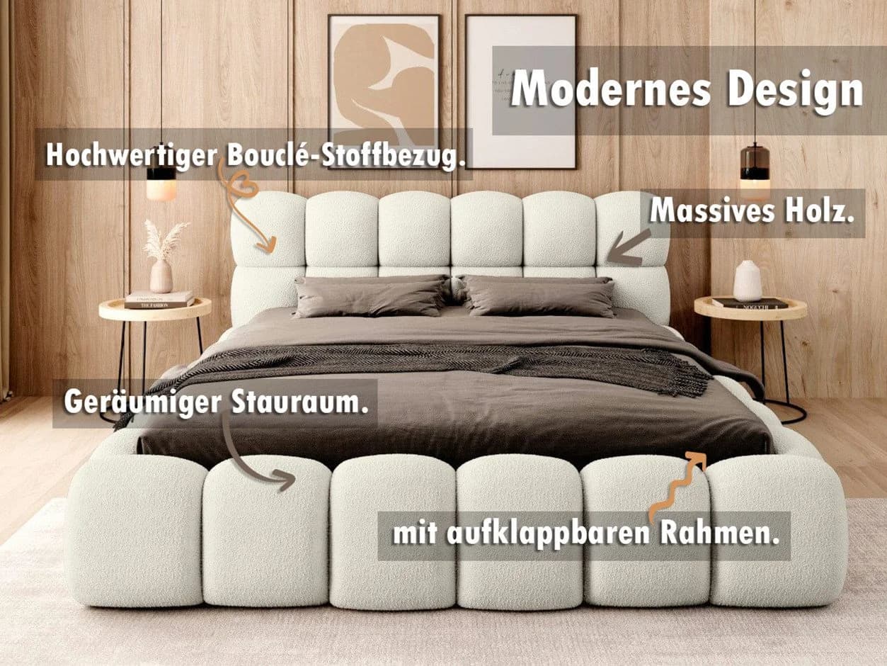 thematys Polsterbett BOSTON mit Bettkasten Bouclé Weiß/Beige - Bild 3