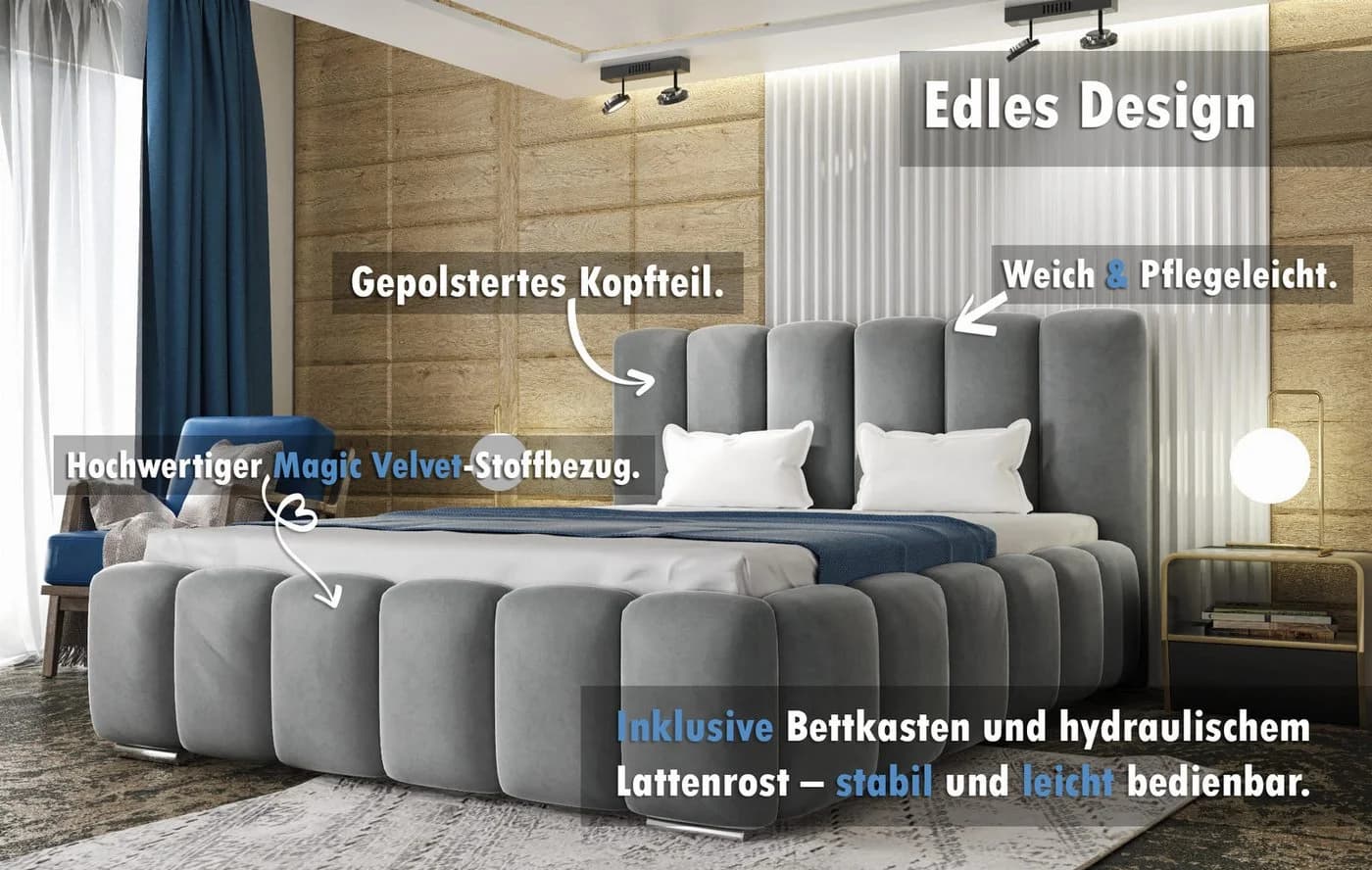 thematys Polsterbett mit Bettkasten Grau Magic Velvet
