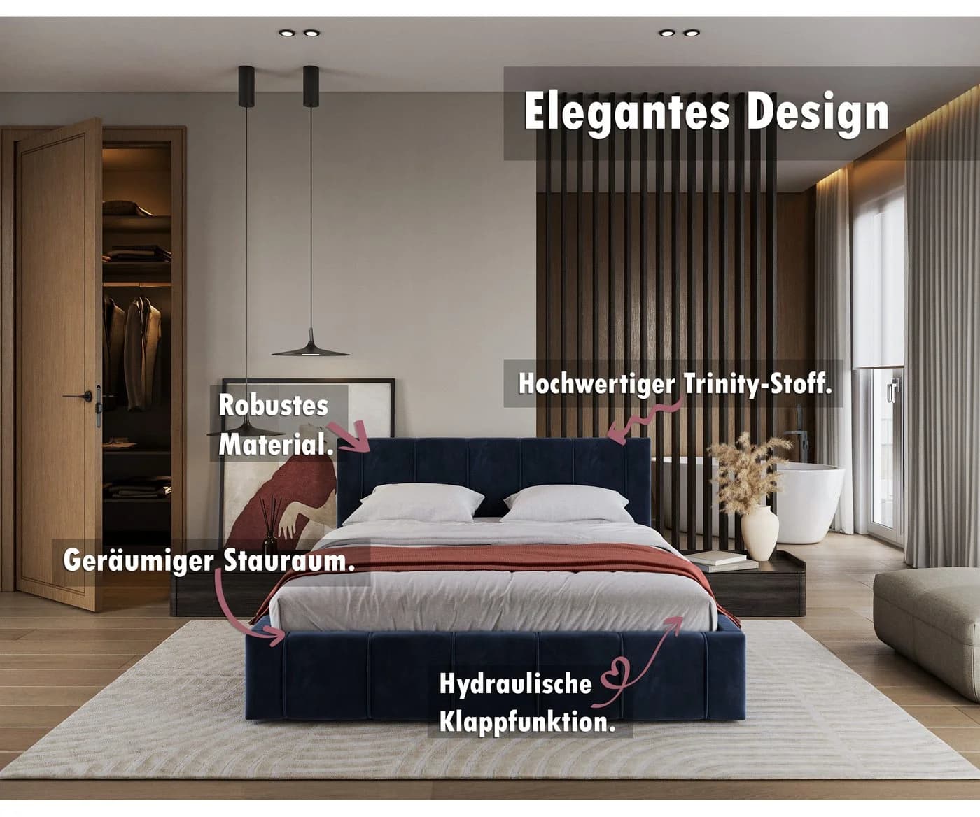 thematys Polsterbett mit Bettkasten & Lattenrost Samt Tiefblau