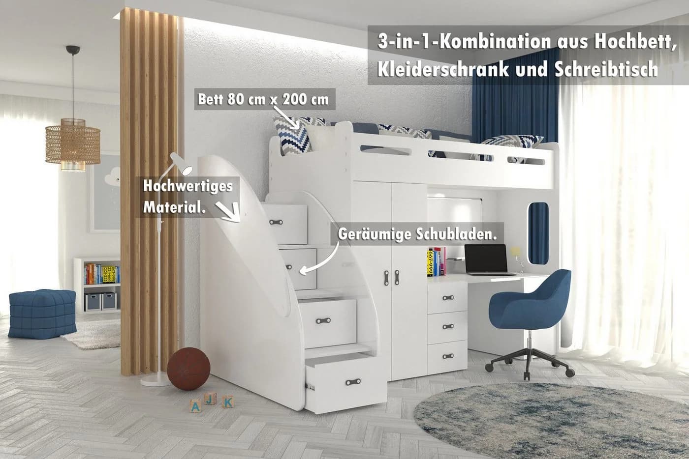 thematys Etagenbett mit Schrank und Schreibtisch Hochglanz Weiß