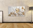 islandburner Leinwandbild Marmor Textur Weiß Gold Goldene Blumen Bild 1