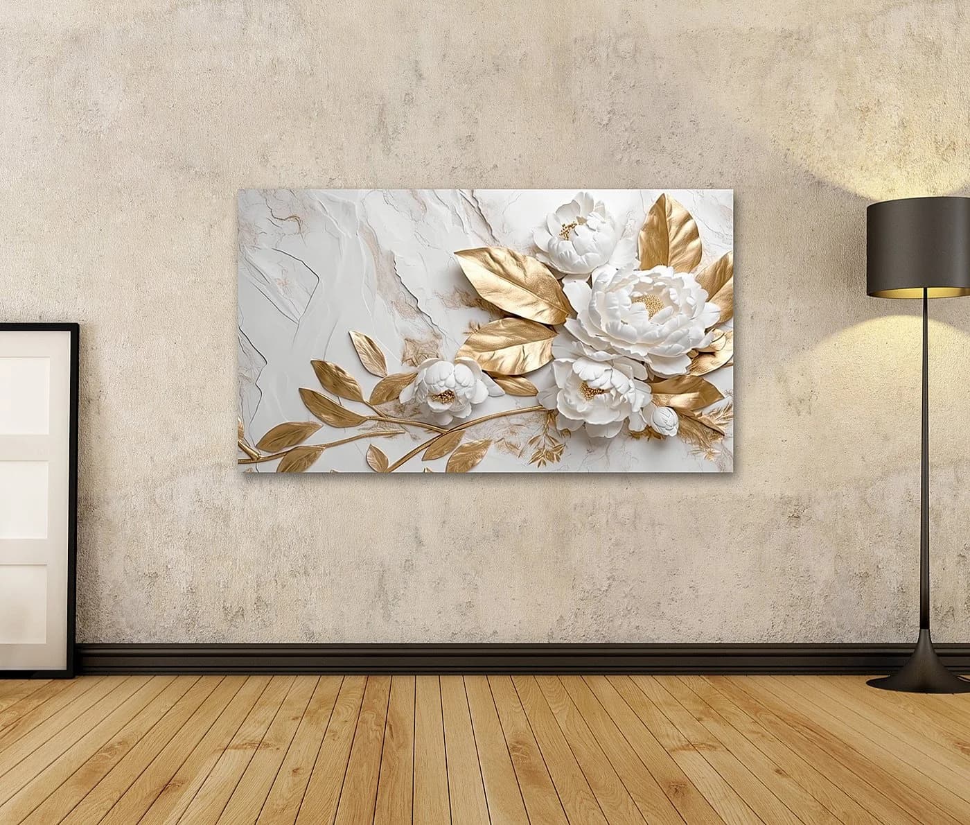 islandburner Leinwandbild Marmor Textur Weiß Gold Goldene Blumen