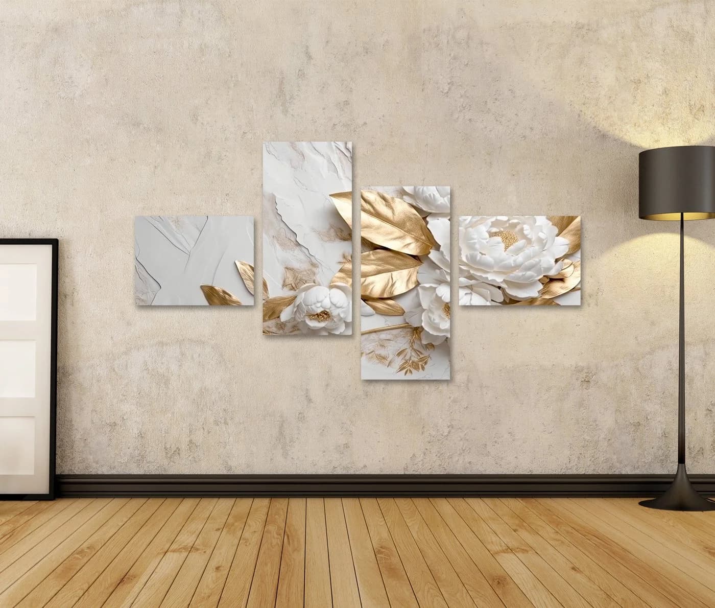 Islandburner Leinwandbild Marmor Textur Weiß Gold Farben Goldene Blumen