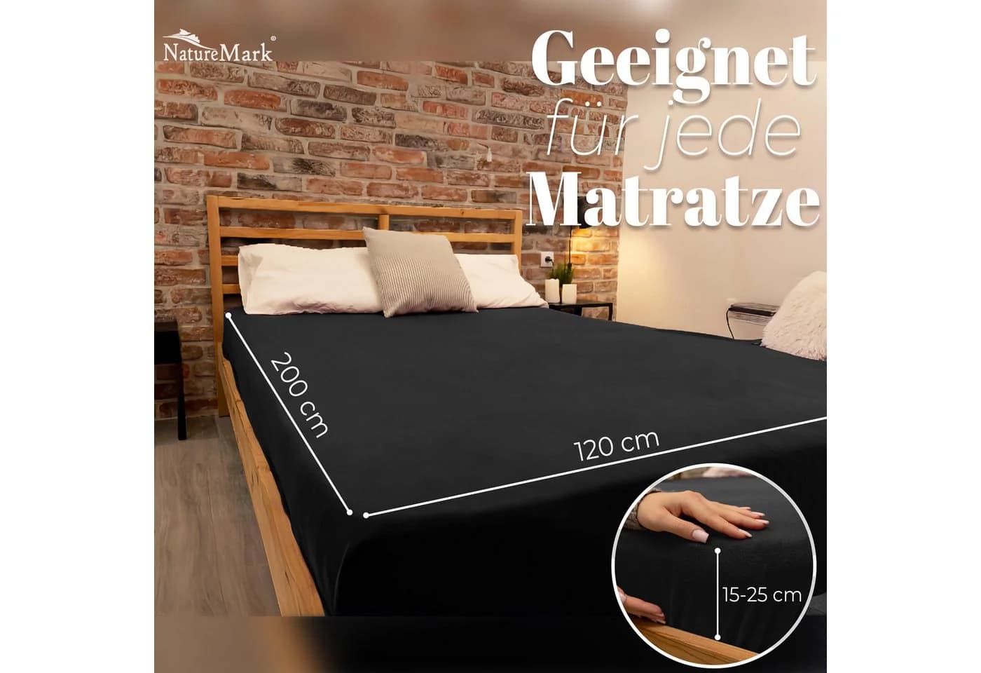 NatureMark Spannbettlaken Winter Thermo Fleece 80% Baumwolle 20% Polyester Gummizug Rundum Schwarz 120 x 200 cm - Bild 5