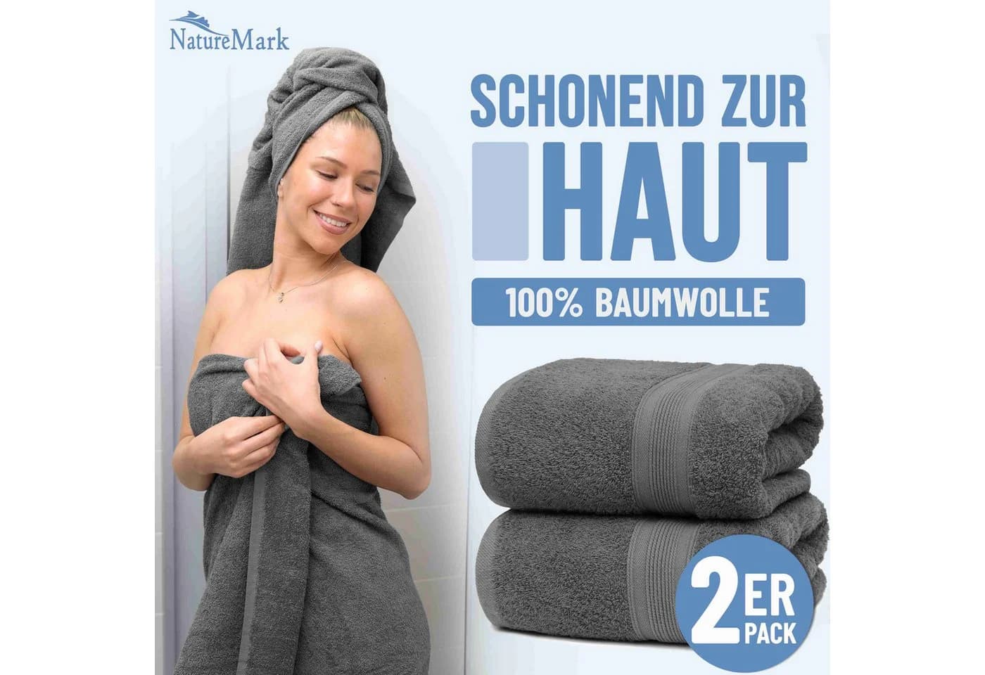 NatureMark Badetuch 2er-Set Frottier 100x150cm Anthrazit Grau