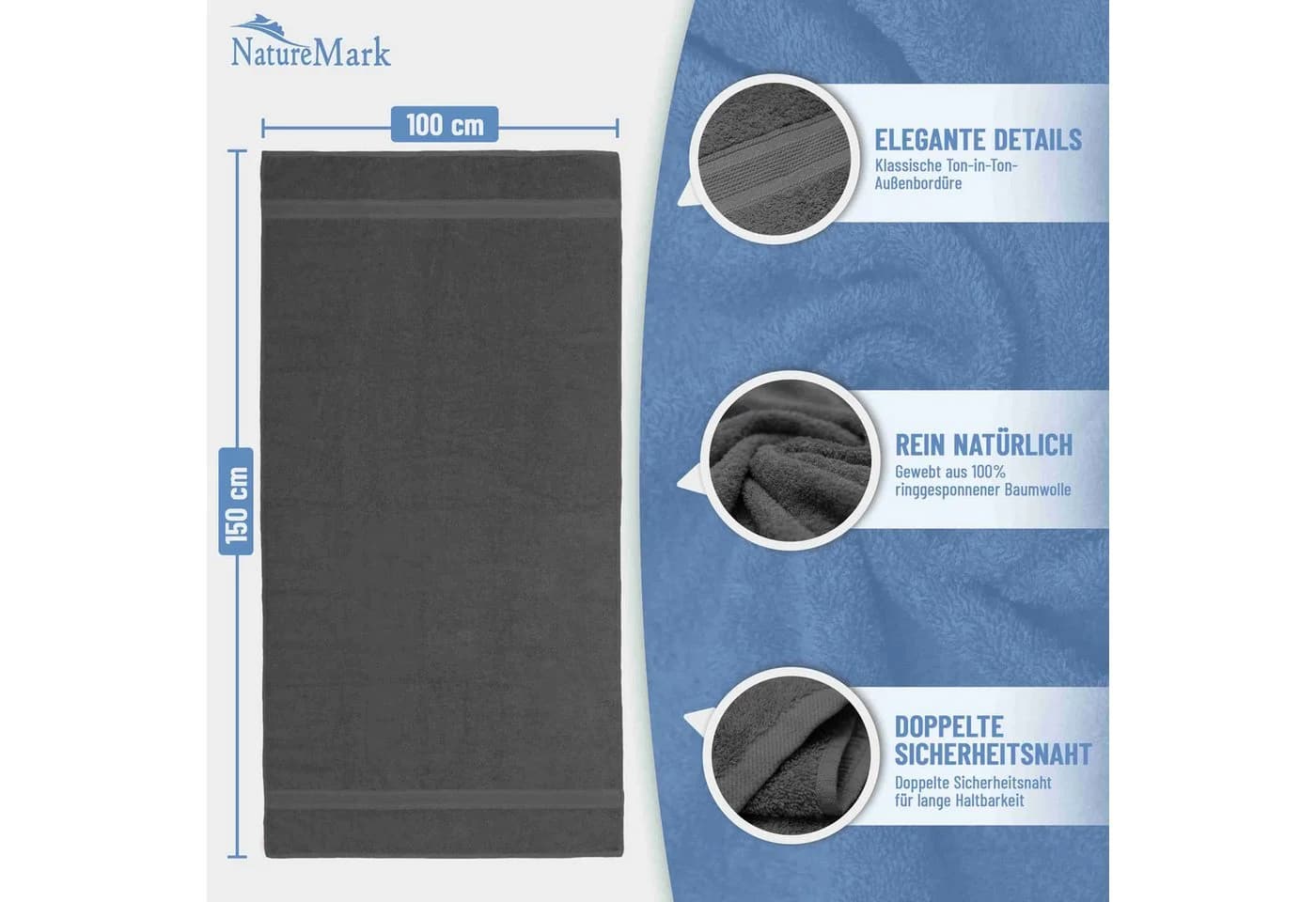 NatureMark Badetuch 2er-Set Frottier 100x150cm Anthrazit Grau - Bild 3