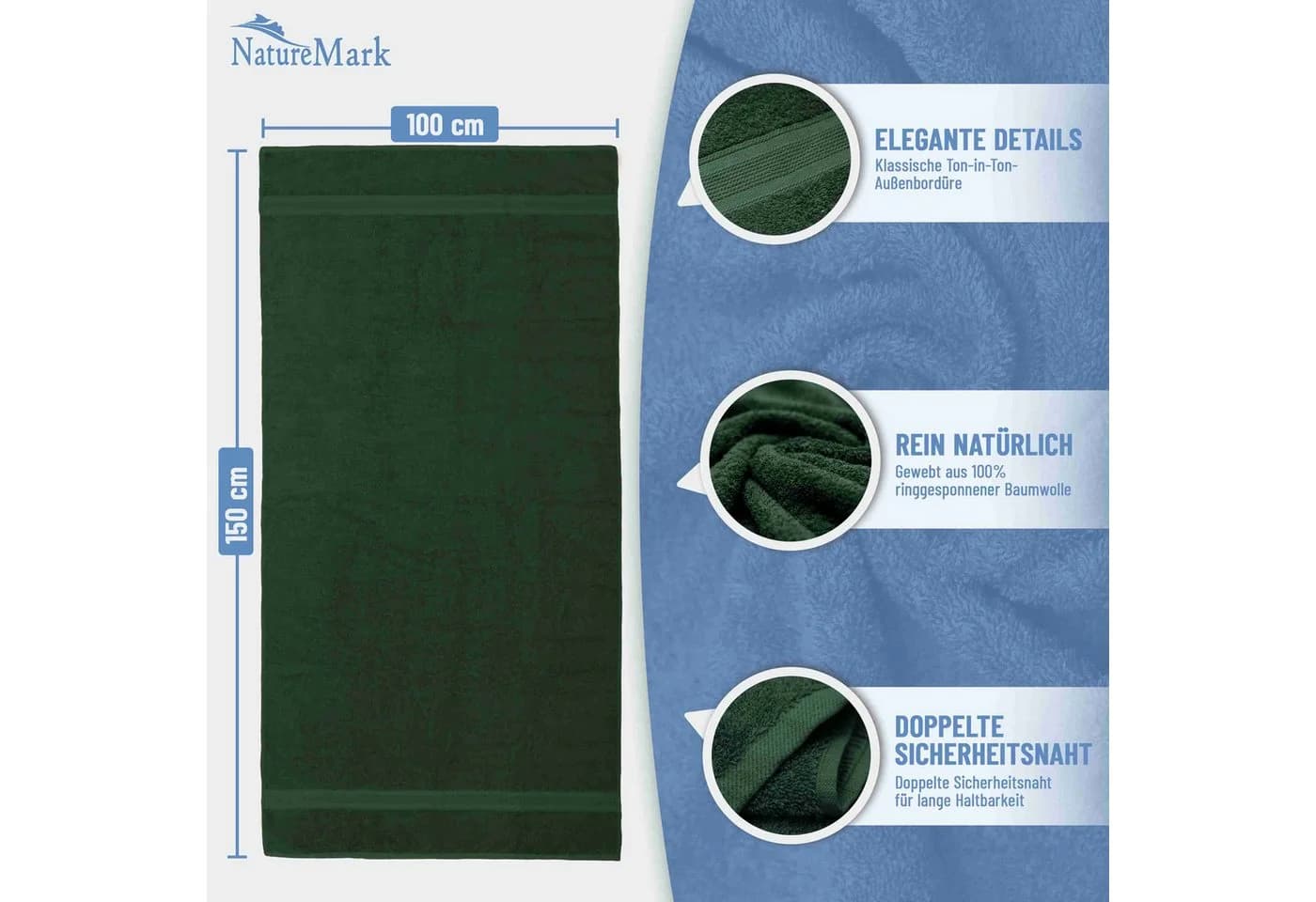 NatureMark Badetuch 2er-Set 100% Baumwolle Dunkle Grüne Farbe - Bild 3