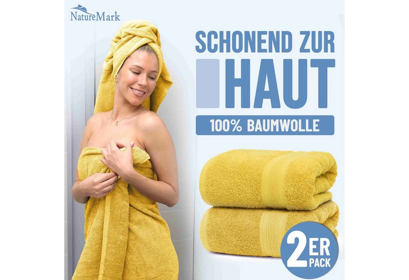 NatureMark Badetuch 2er-Set Frottier 100x150cm 100% Baumwolle Gelb