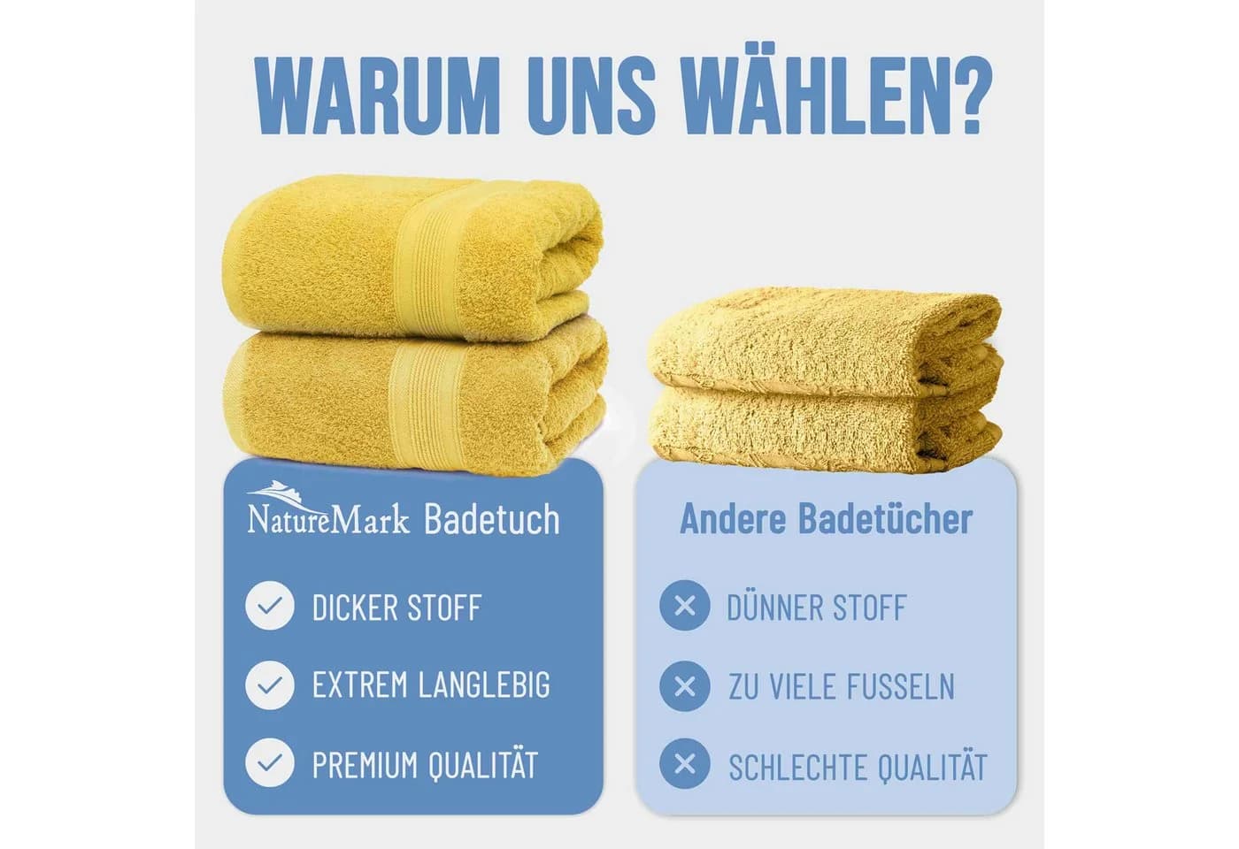 NatureMark Badetuch 2er-Set Frottier 100x150cm 100% Baumwolle Gelb - Bild 5