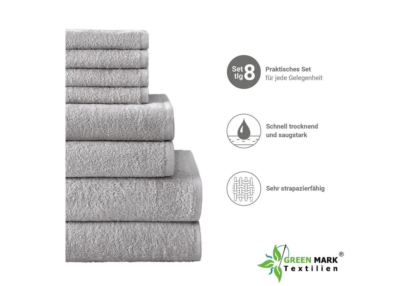 NatureMark Handtuch Set 8 tlg. Frottier 100% Baumwolle Silber grau - Bild 3