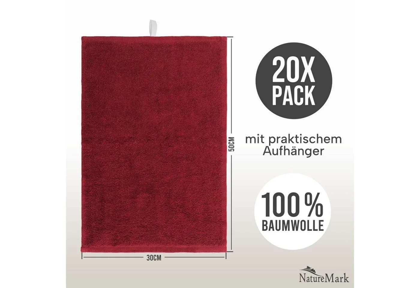 NatureMark Gästehandtuch 20er-Sparpack 30x50cm Baumwolle Bordeaux rot - Bild 3