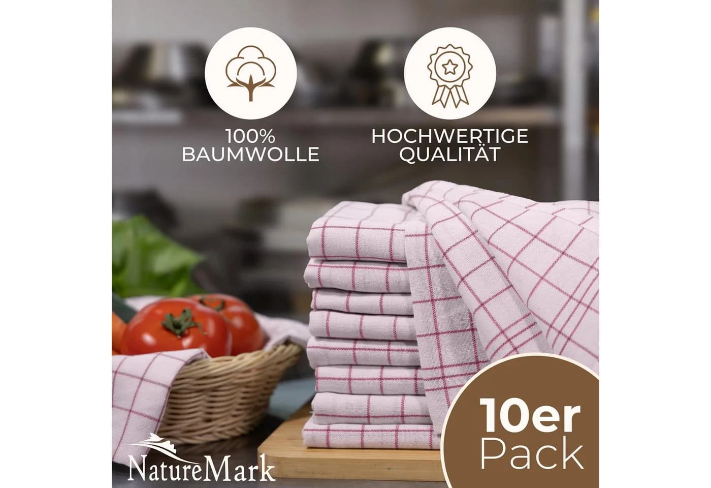 NatureMark Geschirrtuch 10er-Set Rot Kariert 100% Baumwolle - Bild 3