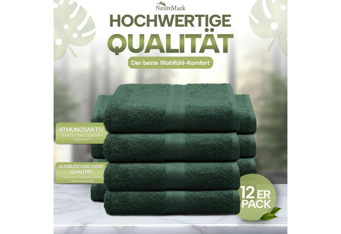 NatureMark Gästehandtuch 12-St. 500gsm 100% Baumwolle Dunkelgrün - Bild 3