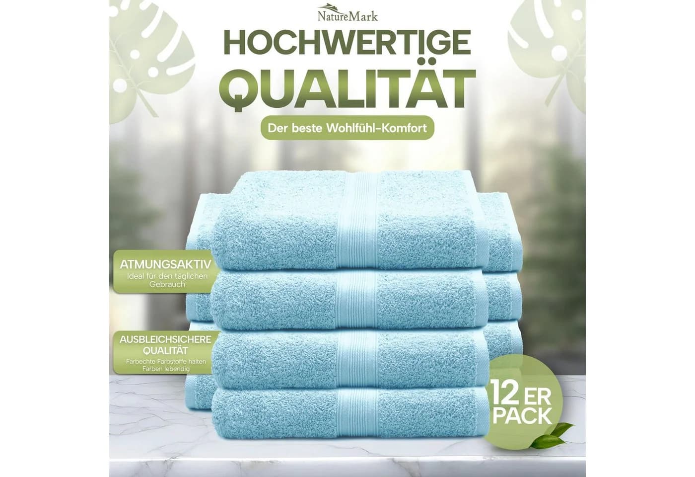 NatureMark Gästehandtuch 12er Pack Hellblau 100% Baumwolle 500gsm - Bild 3