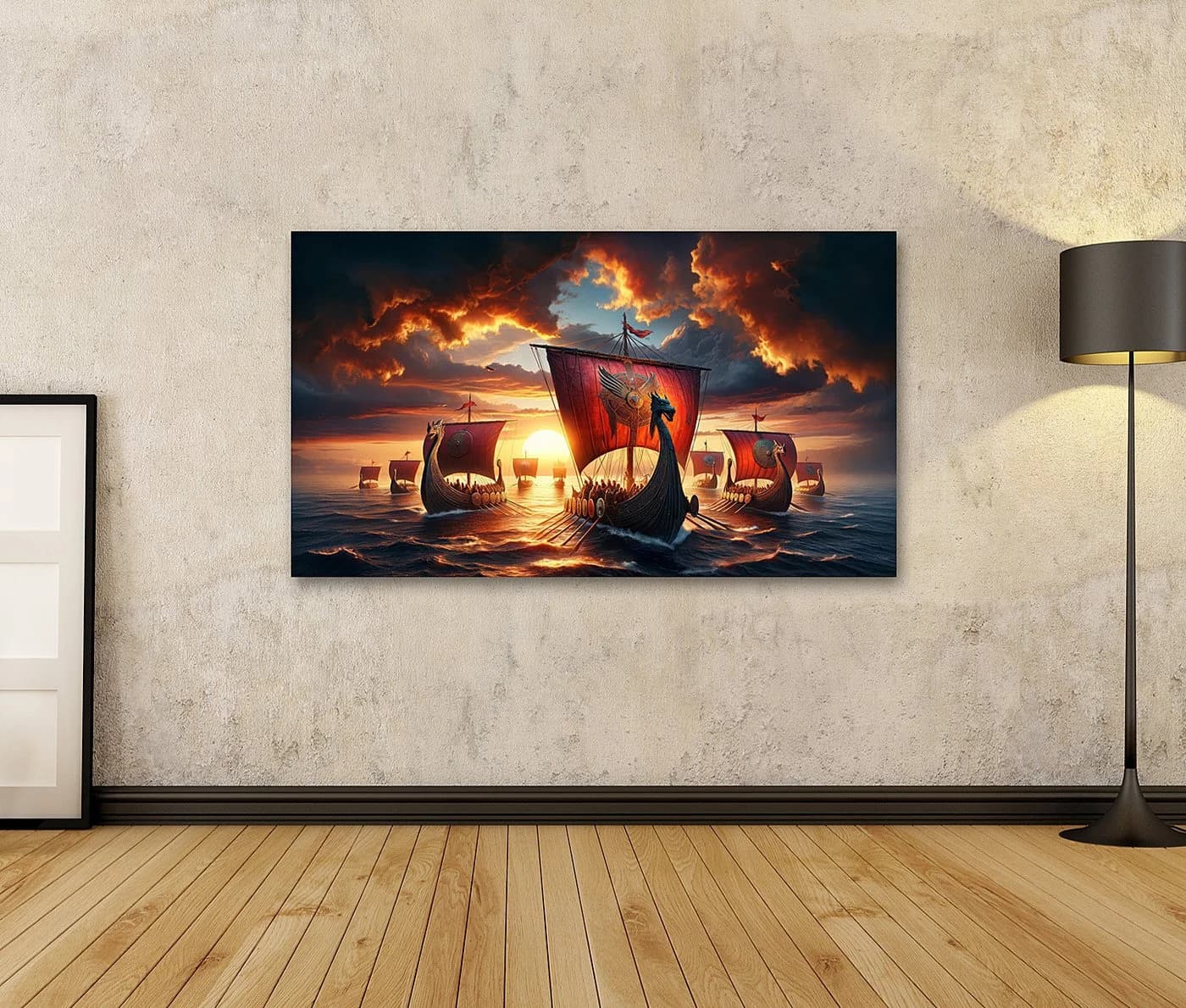 islandburner Leinwandbild Wikinger-Flotte Sonnenuntergang 80x40cm