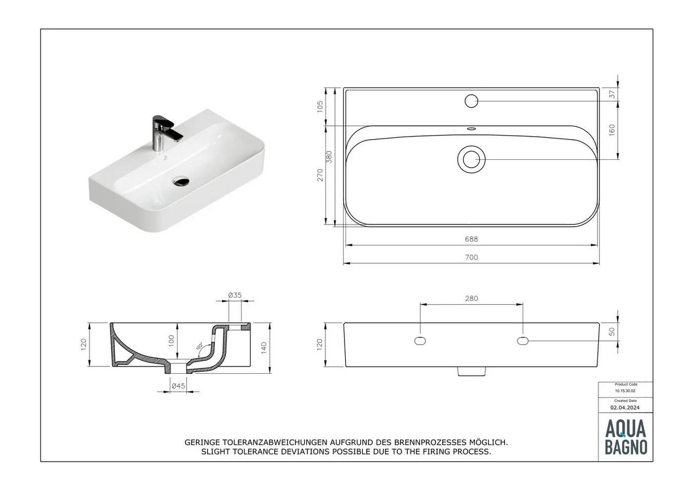 Aqua Bagno Aufsatzwaschbecken 70 cm weiß glänzend eckig - Bild 5