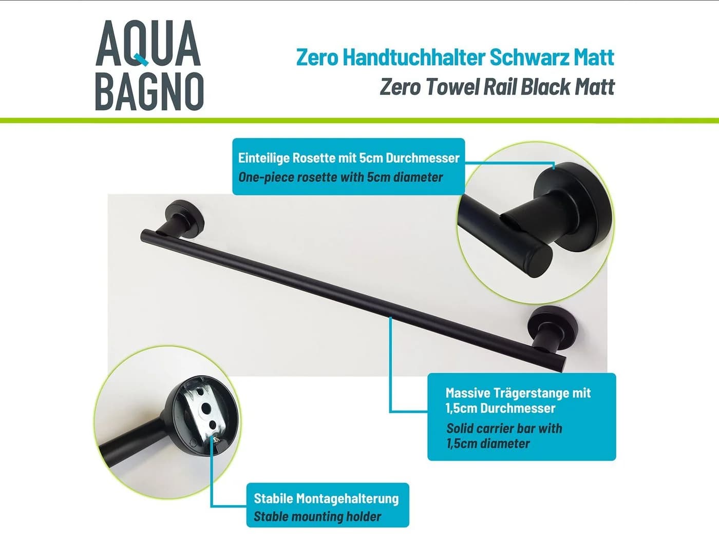 Aqua Bagno ZERO Handtuchhalter Schwarz Matt 50cm - Bild 5